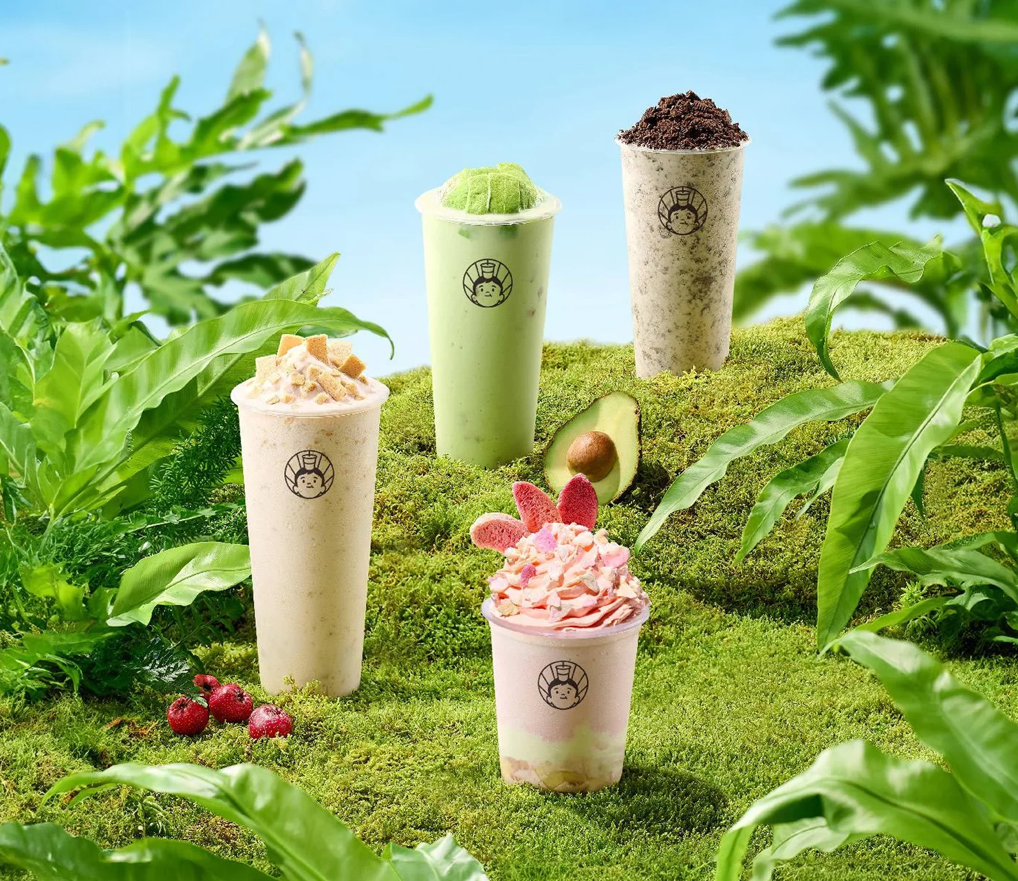 Specialty yogurt drinks including avocado, oreo, and berry smoothies